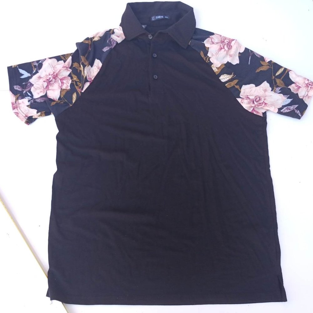 Shein Men's Size M Black Rose Short Sleeve Polo Shirt
